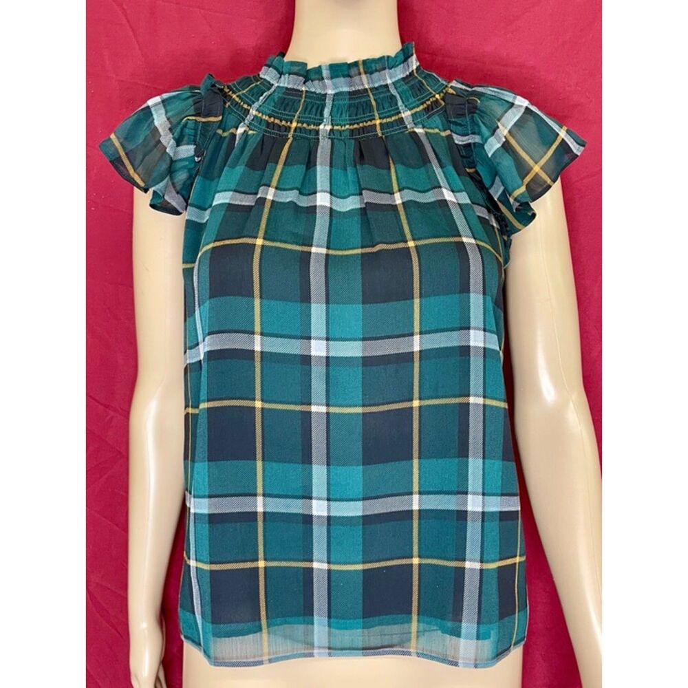 Ann Taylor Green Tartan Plaid Chiffon Flutter Sleeve Blouse XXSP NWOT